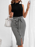 Solid Tank Top & Houndstooth Print Belted Skirt