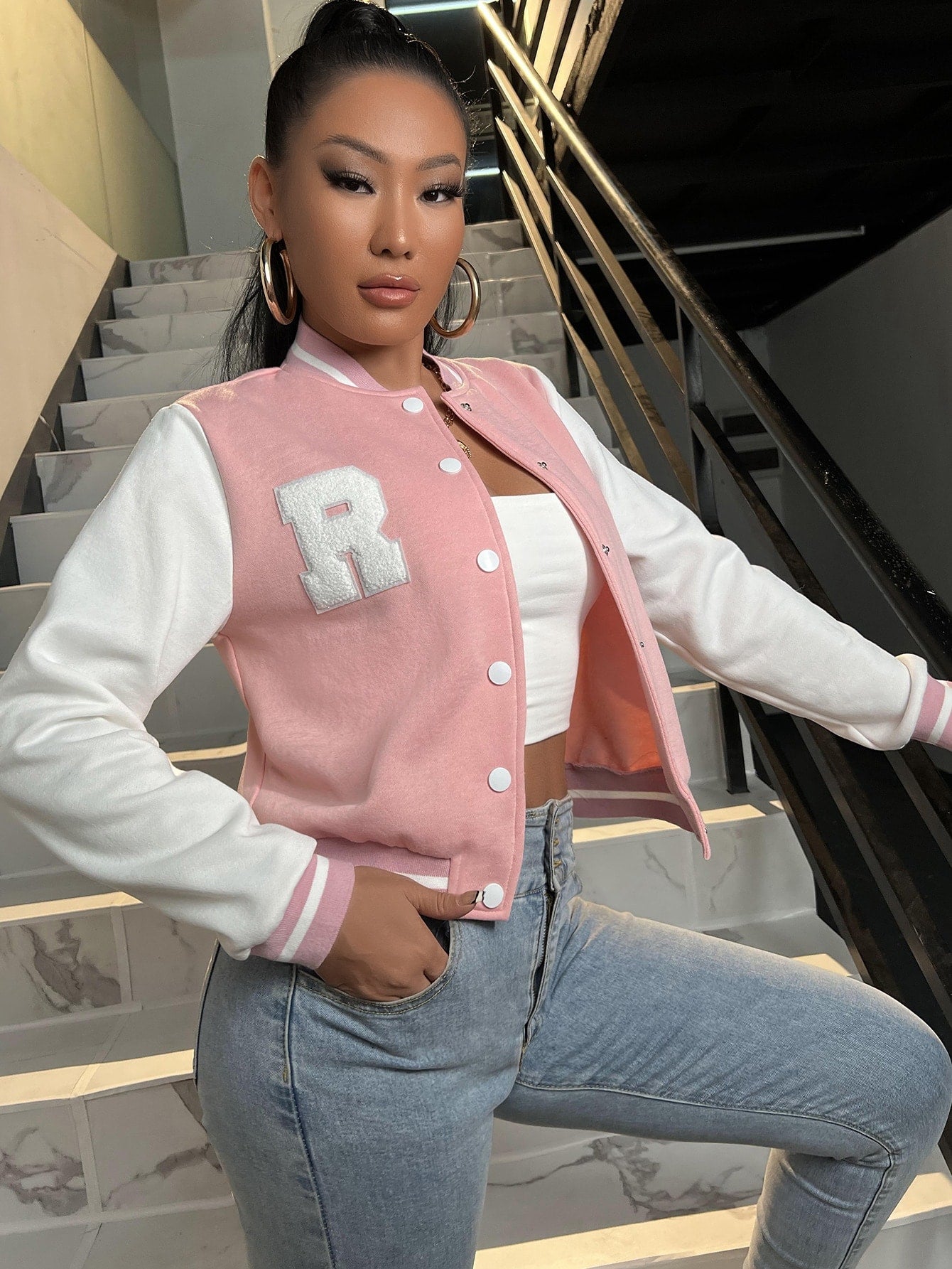 Color Block Snap Button Varsity Jacket