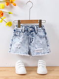 Young Girl Simple Daily Boho Street Casual Destroy Raw Hem Elastic Waist  Denim Shorts