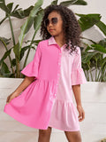 Tween Girl Two Tone Flounce Sleeve Ruffle Hem Smock Dress