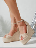Women Beige Knot Detail Sandals, Open Toe Ankle Strap Wedge Sandals For Vacation