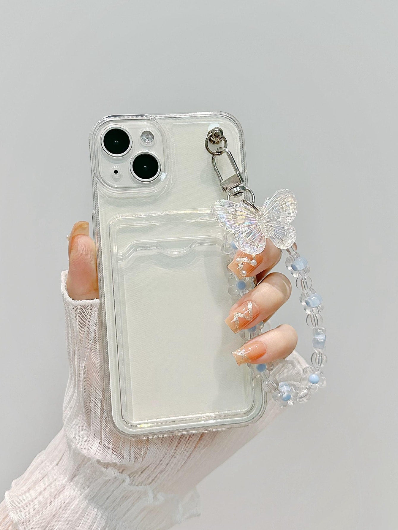 Clear Card Slot Phone Case With Butterfly Decor Lanyard Compatible With IPhone 11,IPhone 13,Xiaomi Redmi 9A