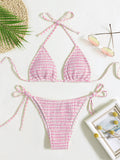 Swim Mod Summer Beach Striped Bikini Set Smocked Triangle Bra & Thong Bottom 2 Piece Bathing Suit