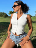Solid Button Front Crop Vest Blazer