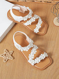 Girls Flower Decor Flat Sandals, Fashion White Ankle Strap Sandals
