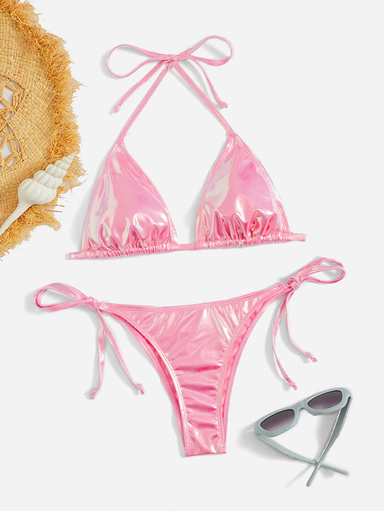 Swim Event Summer Beach Metallic Bikini Set Halter Triangle Bra Top & Tie Side Bikini Bottom 2 Piece Bathing Suit