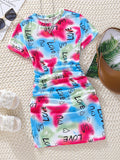 Tween Girl Tie Dye Letter Graphic Ruched Side Dress