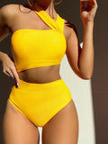 Swim Summer Beach Solid One Shoulder High Waisted One Piece