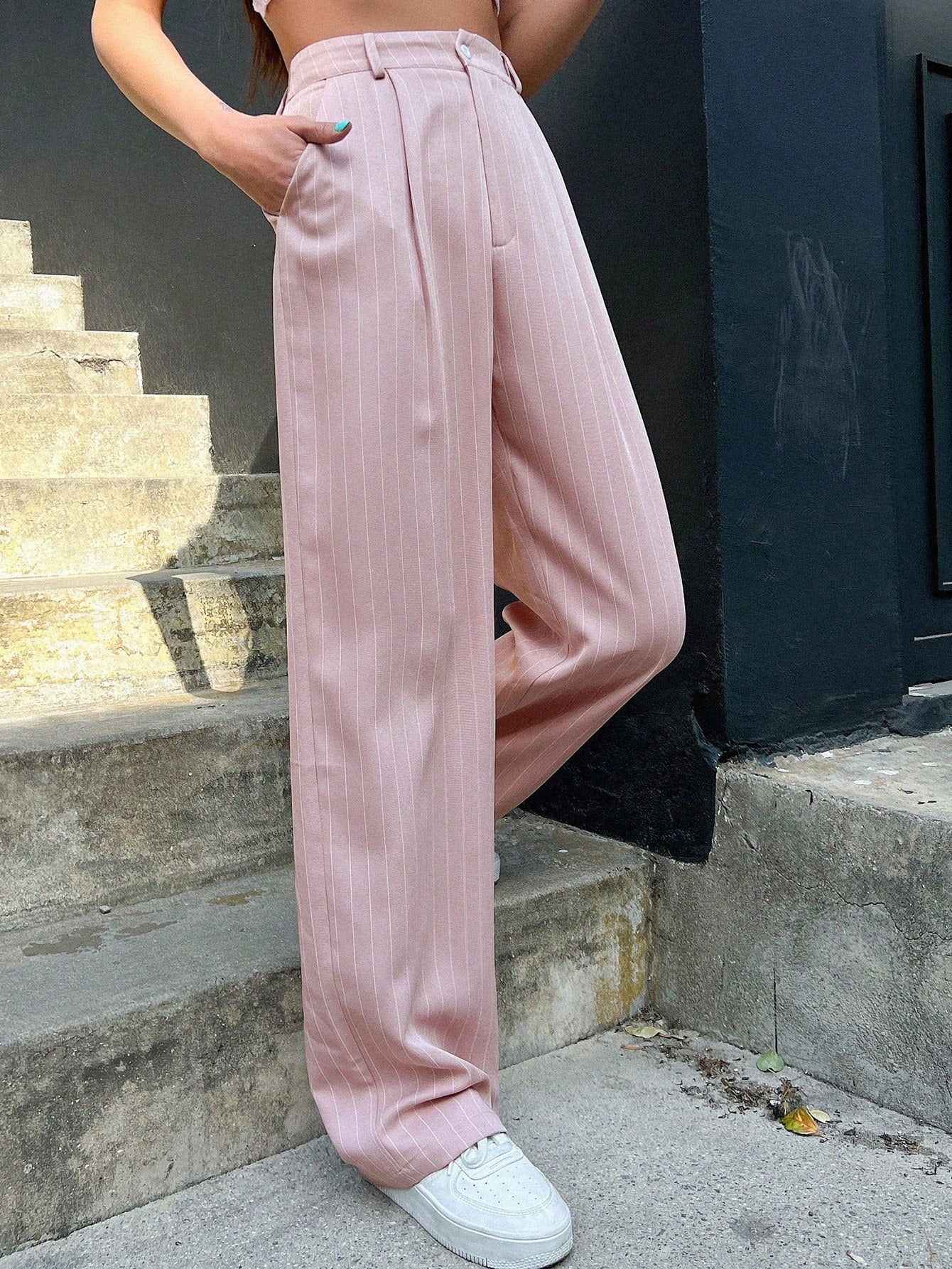 High Waist Plicated Detail Wide Leg Suit Pants