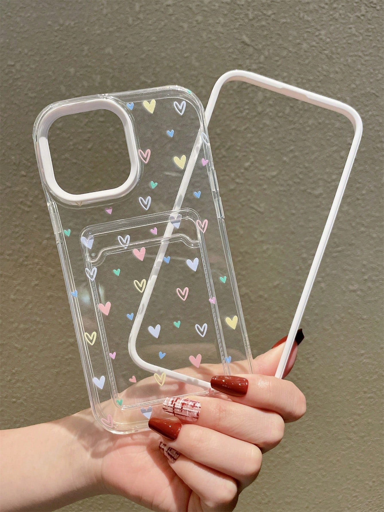 Heart Pattern Anti-Fall Phone Case With Card Slot Clear Phone Case