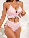 Swim Summer Beach Ruffle Hem Drawstring Bikini Set
