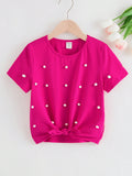 Tween Girls' Casual And Sweet Round Neck Pearl Embellished Twisted Short Sleeve T-Shirt