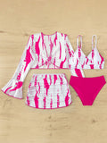 Teen Girls Allover Print Bikini Set With Flounce Sleeve Cover Up Set Matching Set Summer Beach