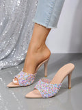 Women Sequins Decor Mules, PVC Stiletto Heeled Glamorous Sandals