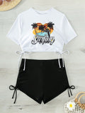 Swim Summer Beach Tropical Print Drawstring Side Bikini