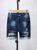 Tween Boy Daily Vintage Boho Street Casual Destroy Roll Up Hem Elastic Waist Stretchy Denim Shorts
