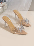 Women Rhinestone Butterfly Decor Point Toe Heeled Sandals, Glamorous Outdoor PVC Mule Heeled Sandals