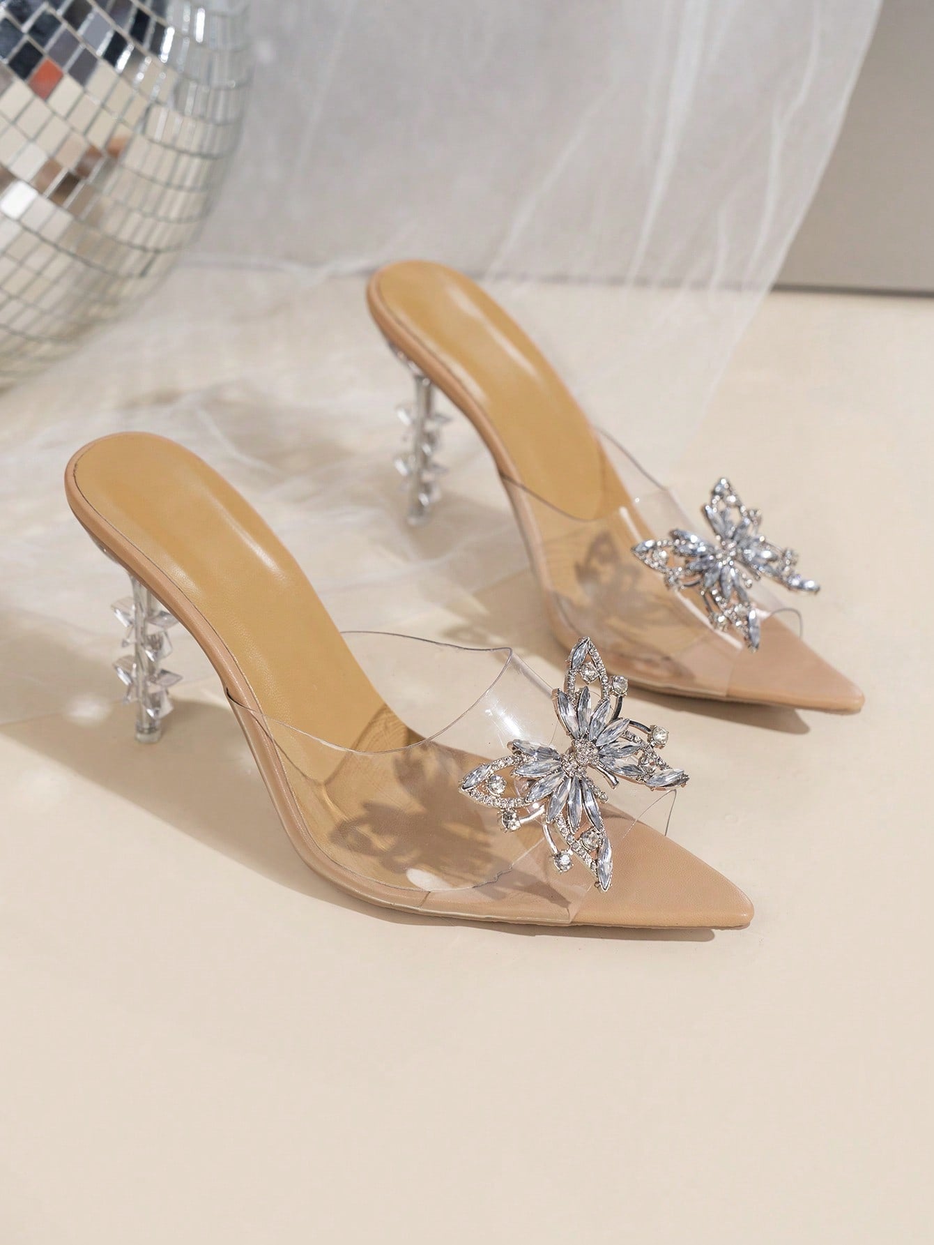 Women Rhinestone Butterfly Decor Point Toe Heeled Sandals, Glamorous Outdoor PVC Mule Heeled Sandals