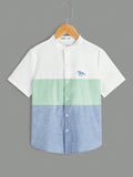 Tween Boy Fashionable Stand Collar Single Breasted Multi-Color Spliced Shirt With Embroidery