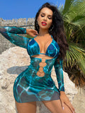 Swim Summer Beach Tie Dye Print Halter Triangle Bikini Set With Cover Up