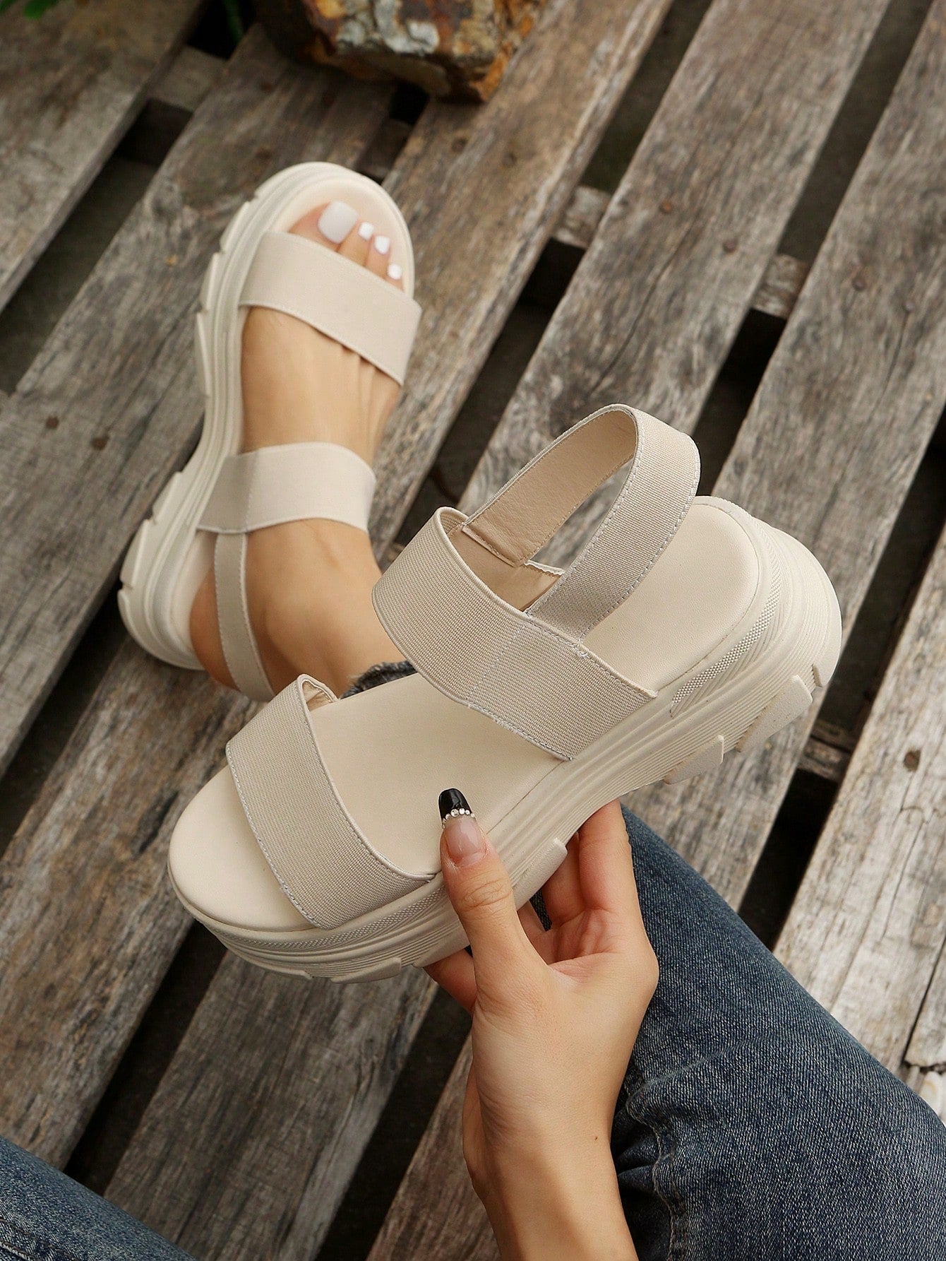 Women Double Strap Slingback Sports Sandals, Sporty Beige Elastic Sport Sandals