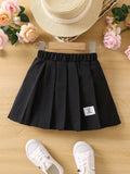 Young Girl Black Letter Print Casual Academy Classic Pleated Midi Skirt, Versatile For Summer