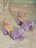 Fashion Purple Sandals For Women, Bow Decor Chunky Heeled Ankle Strap Sandals