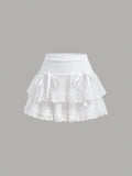 Contrast Embroidery Mesh Tie Front Layer Hem Skirt