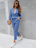 Ladies" Short Blue Suit Jacket And Front Pleated Pocketed Suit Pants Combo