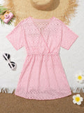 Tween Girl Solid Hollow Out Surplice V Neck Cover Up