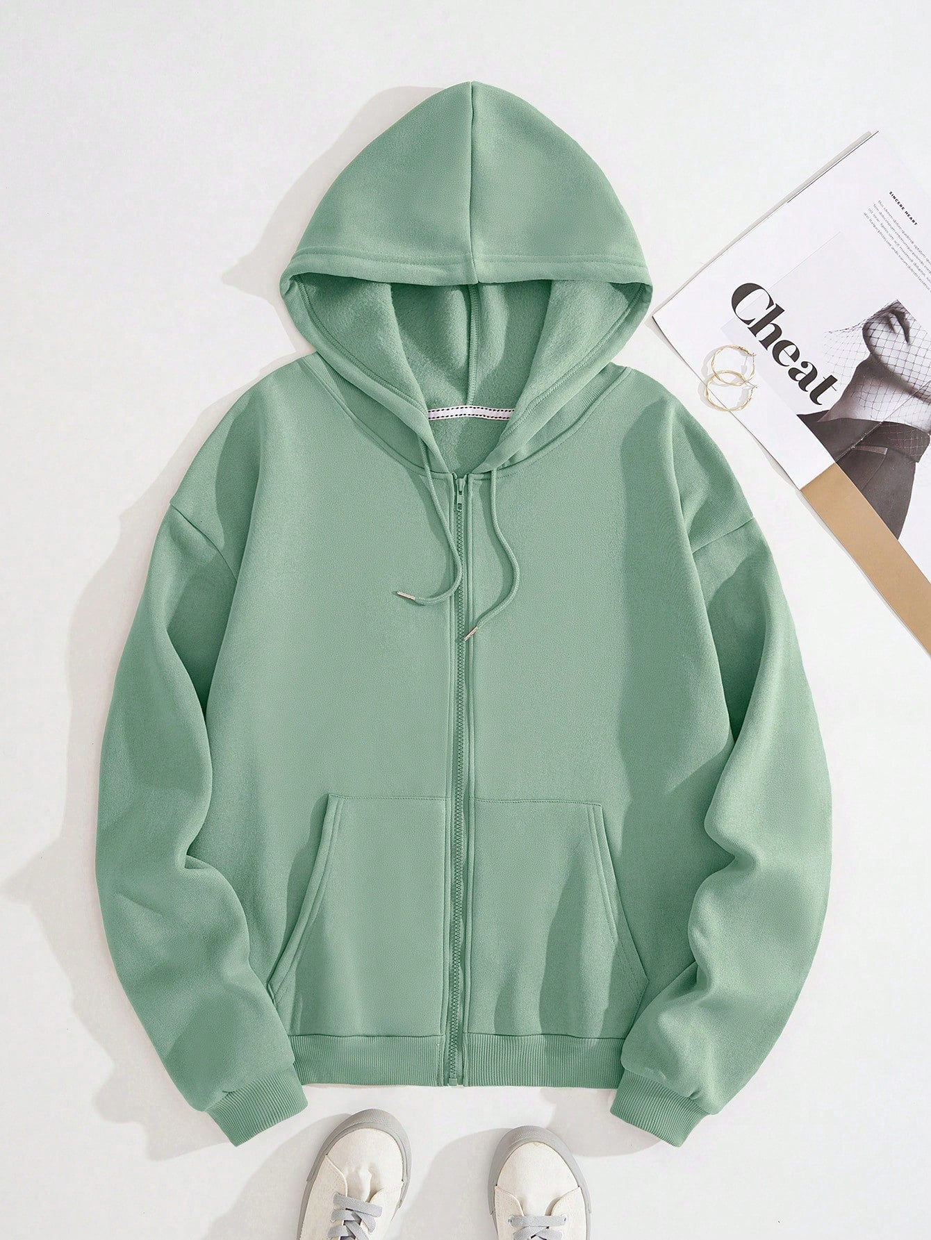 Plus Solid Zip Up Drawstring Thermal Lined Hoodie