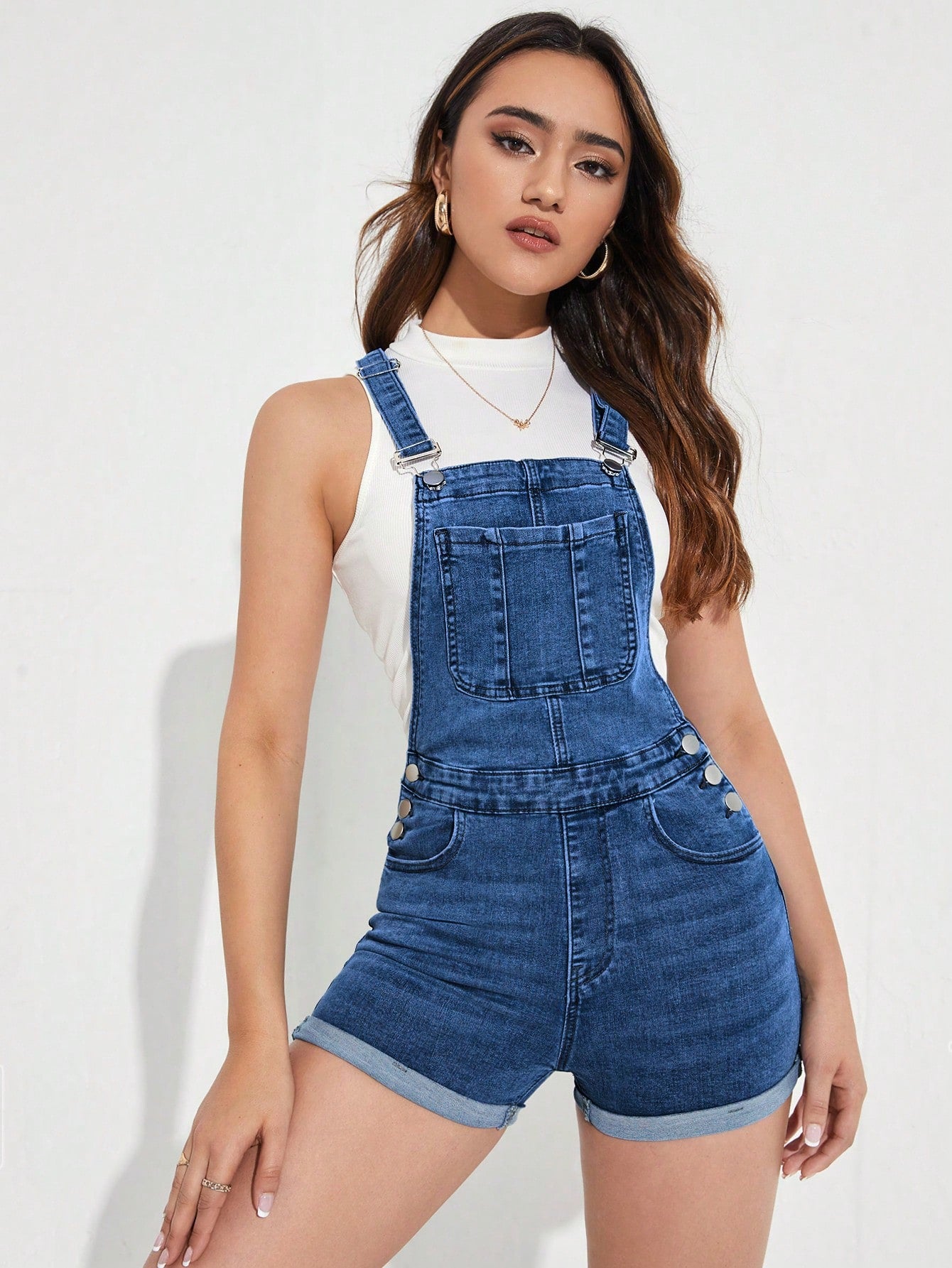 Roll Up Hem Denim Overall Romper Without Tank Top