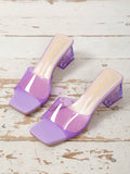 Funky Mule Sandals For Women, Purple PVC Single Band Chunky Heeled Sandals