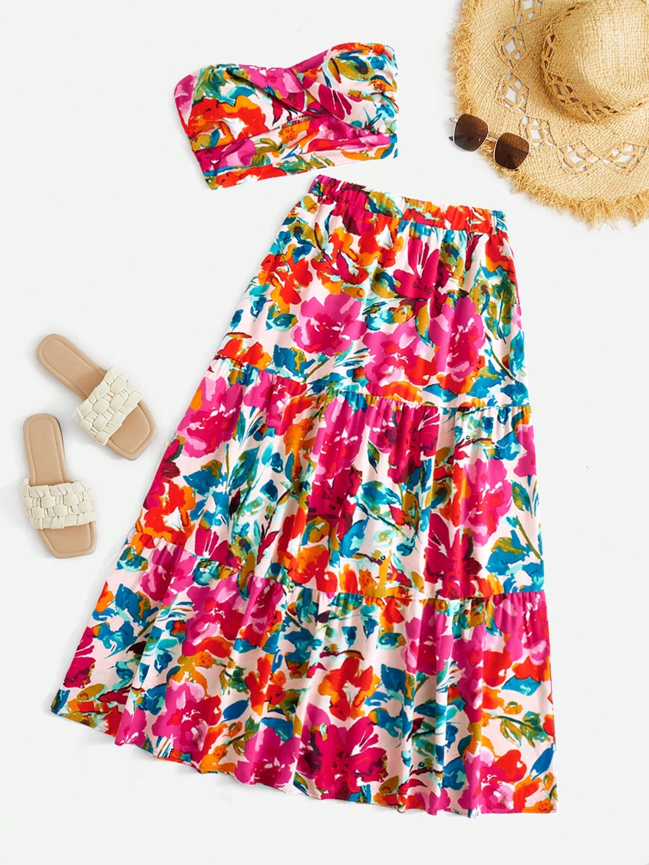 Floral Print Tube Top & Skirt Summer Sets