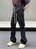 Men Flap Pocket Side Drawstring Waist Cargo Pants Long Plain Black Going Out