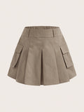 Tween Girl's Woven Solid Color Loose Casual Pleated Skirt