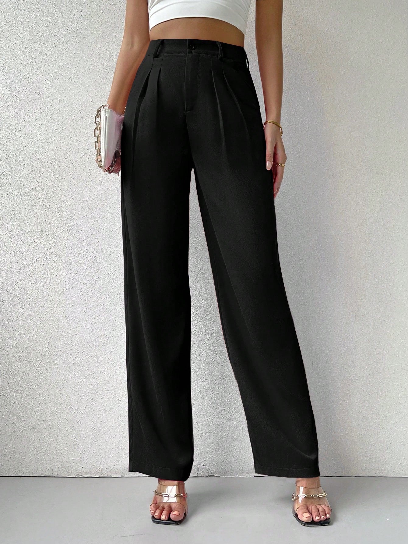 High Waist Plicated Detail Straight Leg Suit Pants