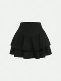 Tween Girl Solid Color Knitted Casual Double-Layered Hem Skirt