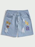 Street Life Men Cotton Letter Graphic Ripped Denim Shorts