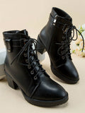Round Toe, Thick Heel Anti-Slip Platform, Side Zipper Criss-Cross Laces, Classic Fashion  Boots For Women
