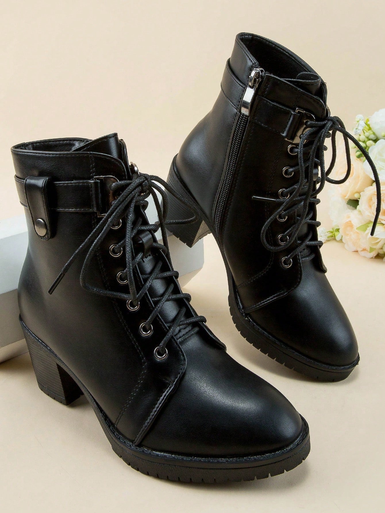 Round Toe, Thick Heel Anti-Slip Platform, Side Zipper Criss-Cross Laces, Classic Fashion  Boots For Women
