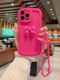 Pink Neon Bow-Knot Decor Phone Case With Lanyard Compatible With IPhone15/15Plus/15Pro/15Promax
