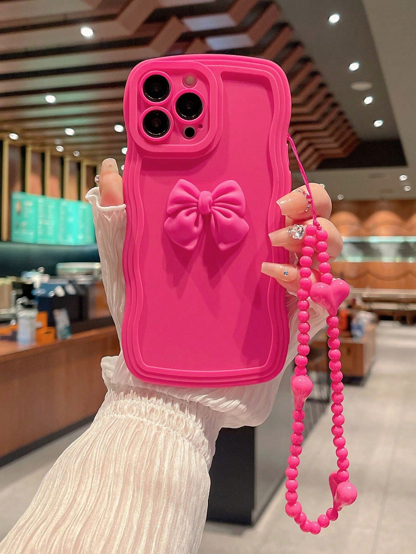 Pink Neon Bow-Knot Decor Phone Case With Lanyard Compatible With IPhone15/15Plus/15Pro/15Promax