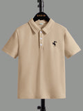 Tween Boy Casual Polo Shirt With Deer Embroidery, Short Sleeve Material, Suitable For Daily Wear In Summer