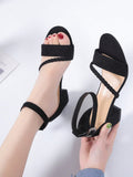 Elegant Black Sandals For Women, Braided Detail Chunky Heeled Ankle Strap Sandals