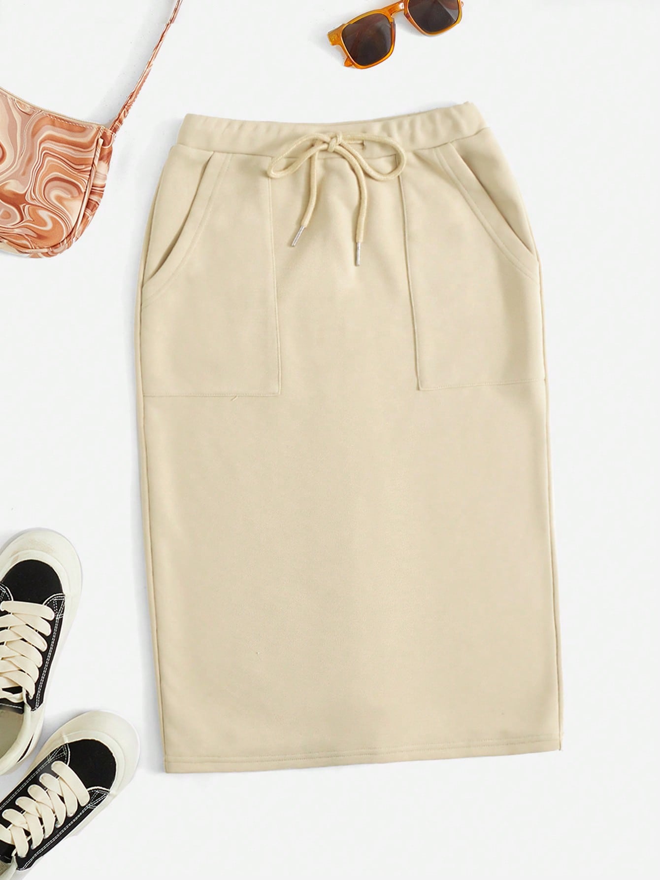 Drawstring Waist Slant Pocket Split Back Skirt