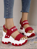Fashion Red Sandals For Women, Letter Graphic Heart Pattern Slingback Wedge Sandals