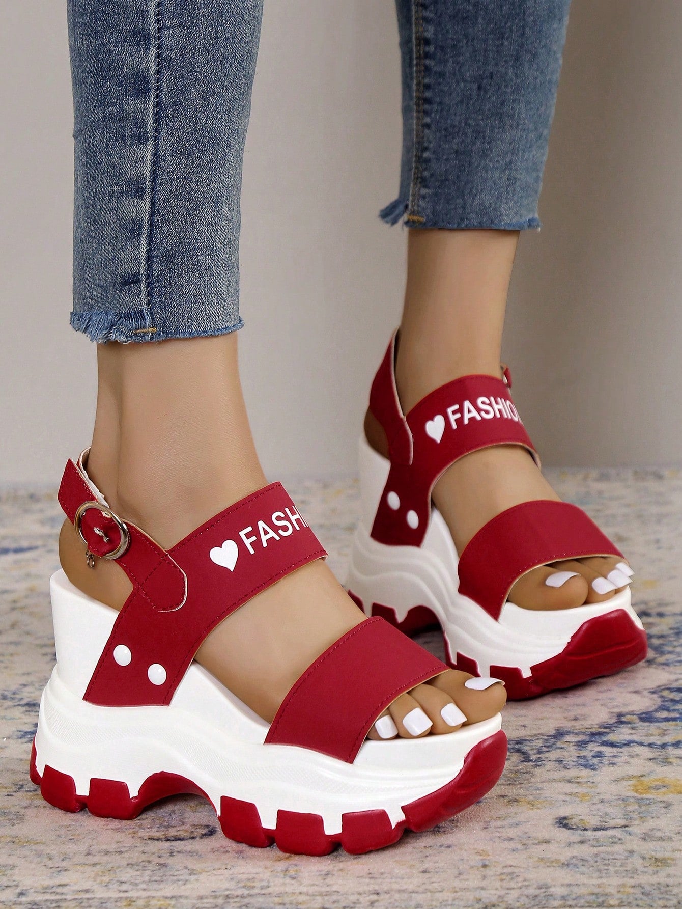 Fashion Red Sandals For Women, Letter Graphic Heart Pattern Slingback Wedge Sandals