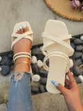 Fashion Beige Slide Sandals For Women, Cross Strap Sandals