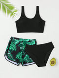 Teen Girls Tropical Print Bikini Set With Beach Shorts Summer Beach